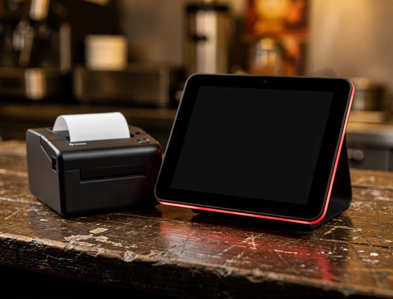 Manto till terminal and kitchen printer on a worn wooden takeaway counter