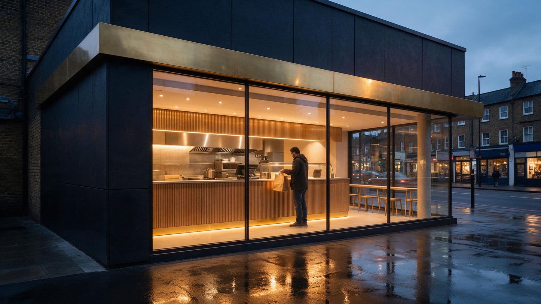 A modern takeaway on a London high street at dusk, glowing through its glass shopfront