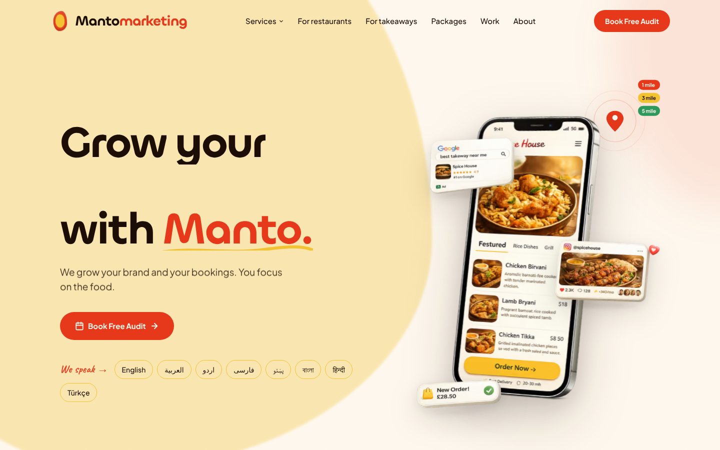 The Manto Marketing website home page: “Grow your brand with Manto”