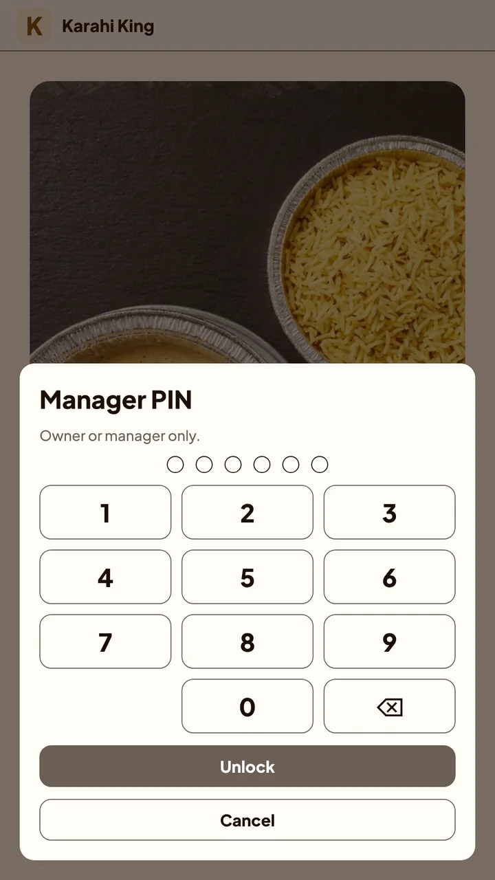 The kiosk asking for a manager's PIN before it opens the staff menu