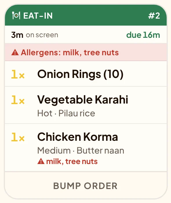 The same eat-in ticket after 3 minutes on screen: due in 16 min