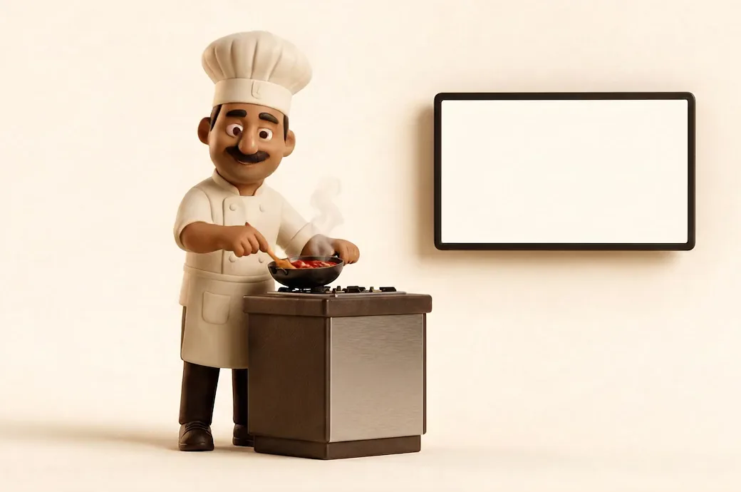 Karim, the chef, cooking at the stove beside his kitchen screen