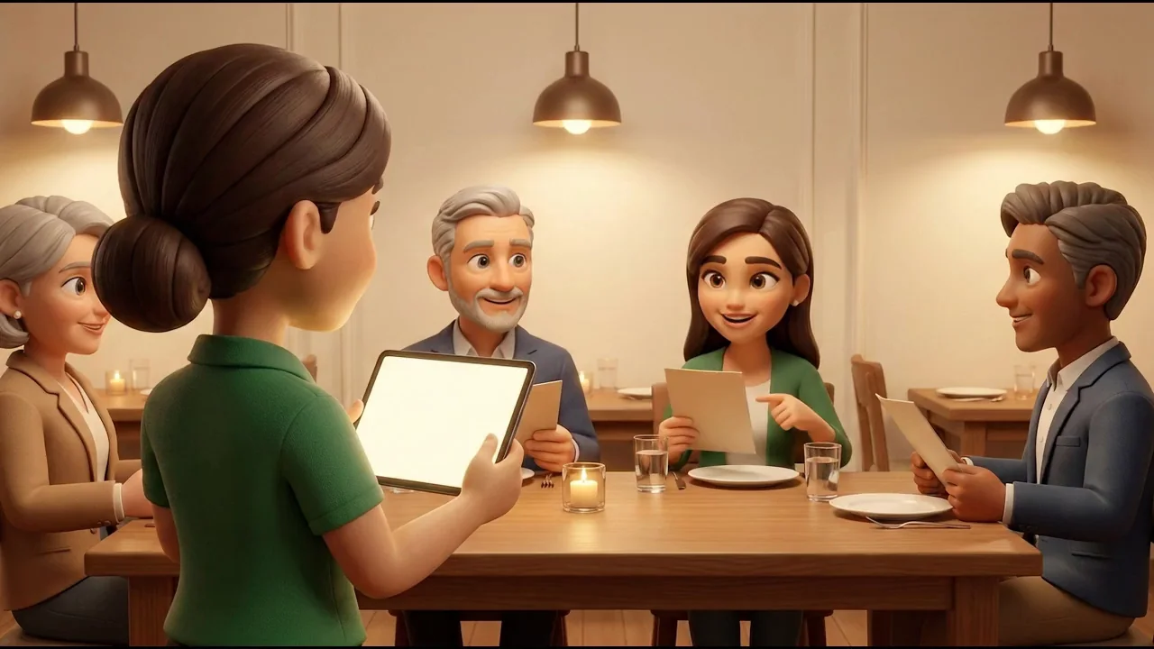 Meg, a waiter, taking an order on her tablet from four friends at Table 6 in a warm, lamplit restaurant