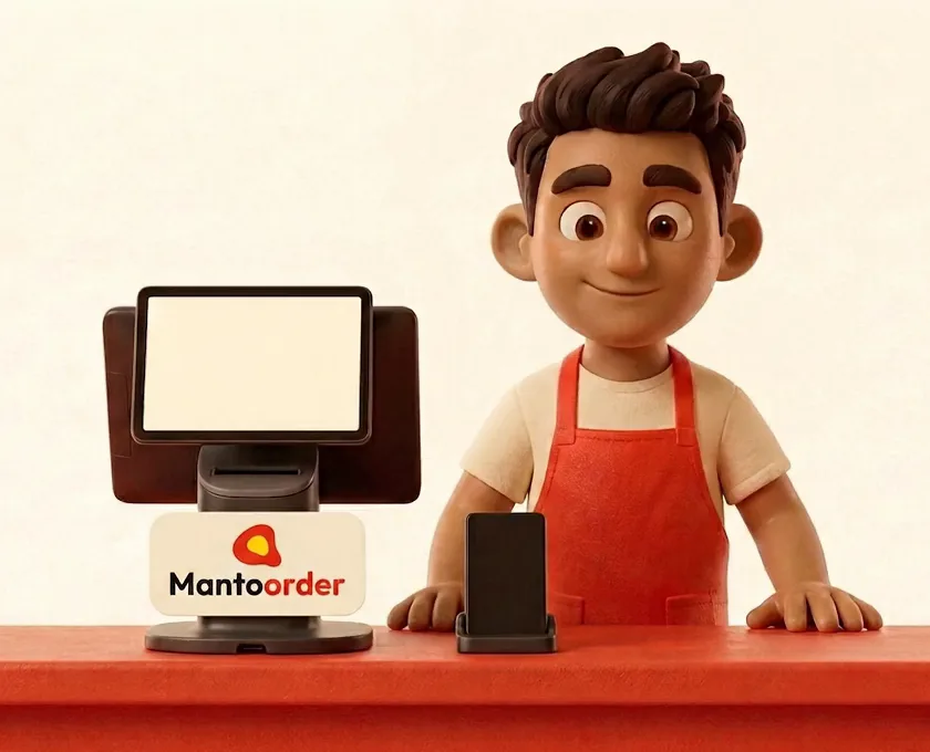 Danny at the counter beside the slim black Manto Till and a card reader